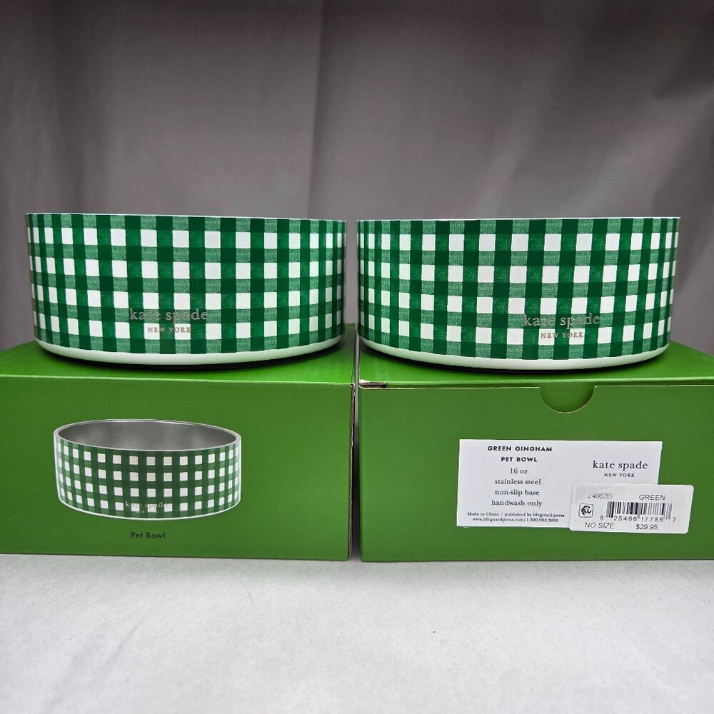 NWT Kate Spade Green Gingham Dog Cat Pet Food Bowls 16 oz Pair